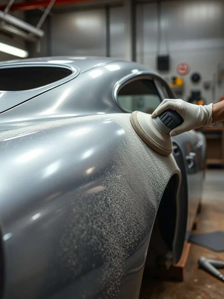 Close-up of a vintage car metal body being sanded in a profe