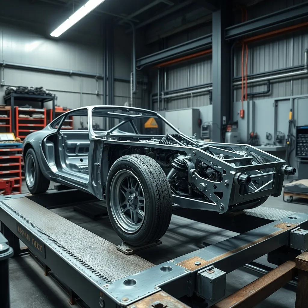 Bare metal car chassis on a professional alignment jig, tech