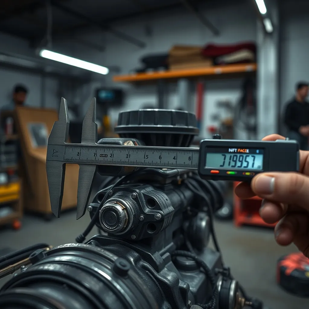 Close-up of a vintage engine component being measured with a