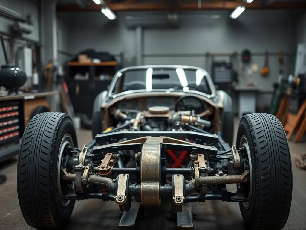 High-resolution technical photo of a vintage car chassis bei