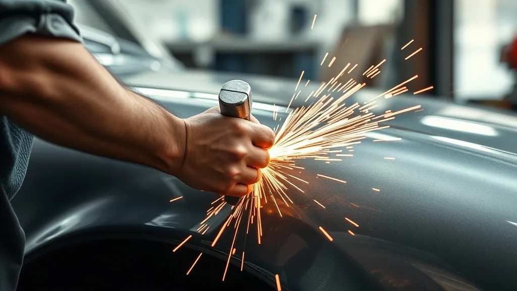 Close-up of a craftsman using a hammer on a car fender, meta