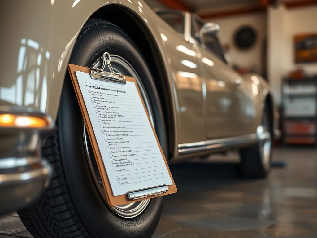 A detailed checklist on a clipboard next to a vintage car wh