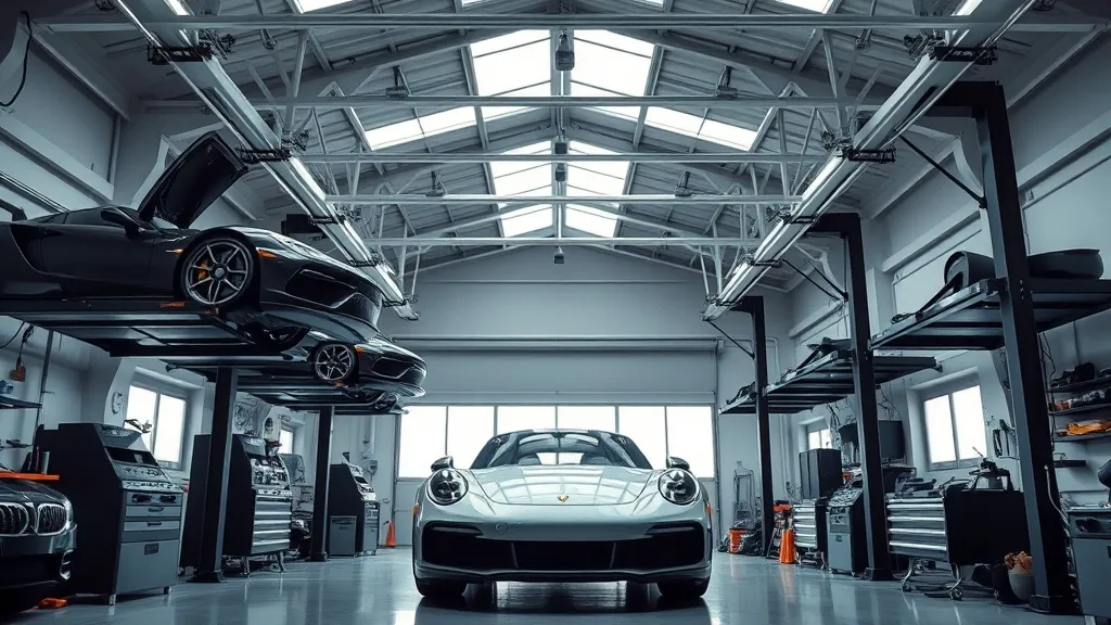 Professional clean automotive workshop interior with high ce